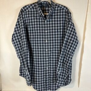 Ralph‎ Lauren Long Sleeve Button Down Shirt Men's Large Navy Blue Plaid Cotton